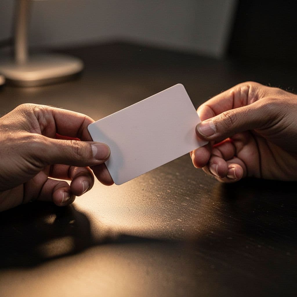 A pair of hands holds a smooth plastic credit card over a dark, reflective desk surface. Warm amber light catches the polished edge, creating a sharp contrast against the shadowed professional workspace.