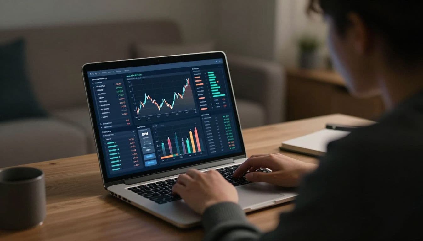 A focused individual views complex digital graphs on a sleek laptop while sitting at a modern home desk. Soft ambient light illuminates the workspace, emphasizing clear financial data visualization and organization.