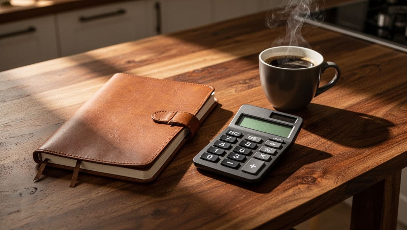 A dark wooden kitchen table features a spiral-bound notebook and an electronic calculator sitting beside a steaming ceramic mug. Warm golden light creates deep shadows across the tabletop, emphasizing a financial planning session.