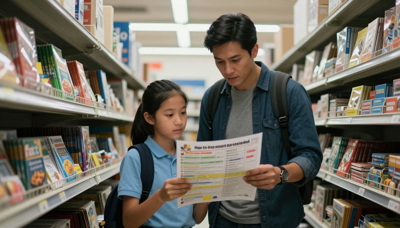 A parent and teenager stand in a brightly lit retail store aisle holding a paper checklist. They examine items on the shelves together, carefully comparing product options to manage their budget.