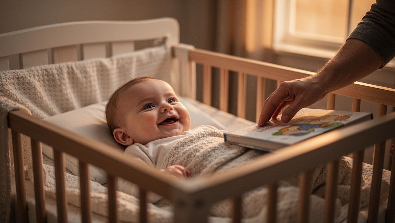 4-month-old baby smiles in nursery crib as parent's arm reaches for nearby book, soft evening light through window.
