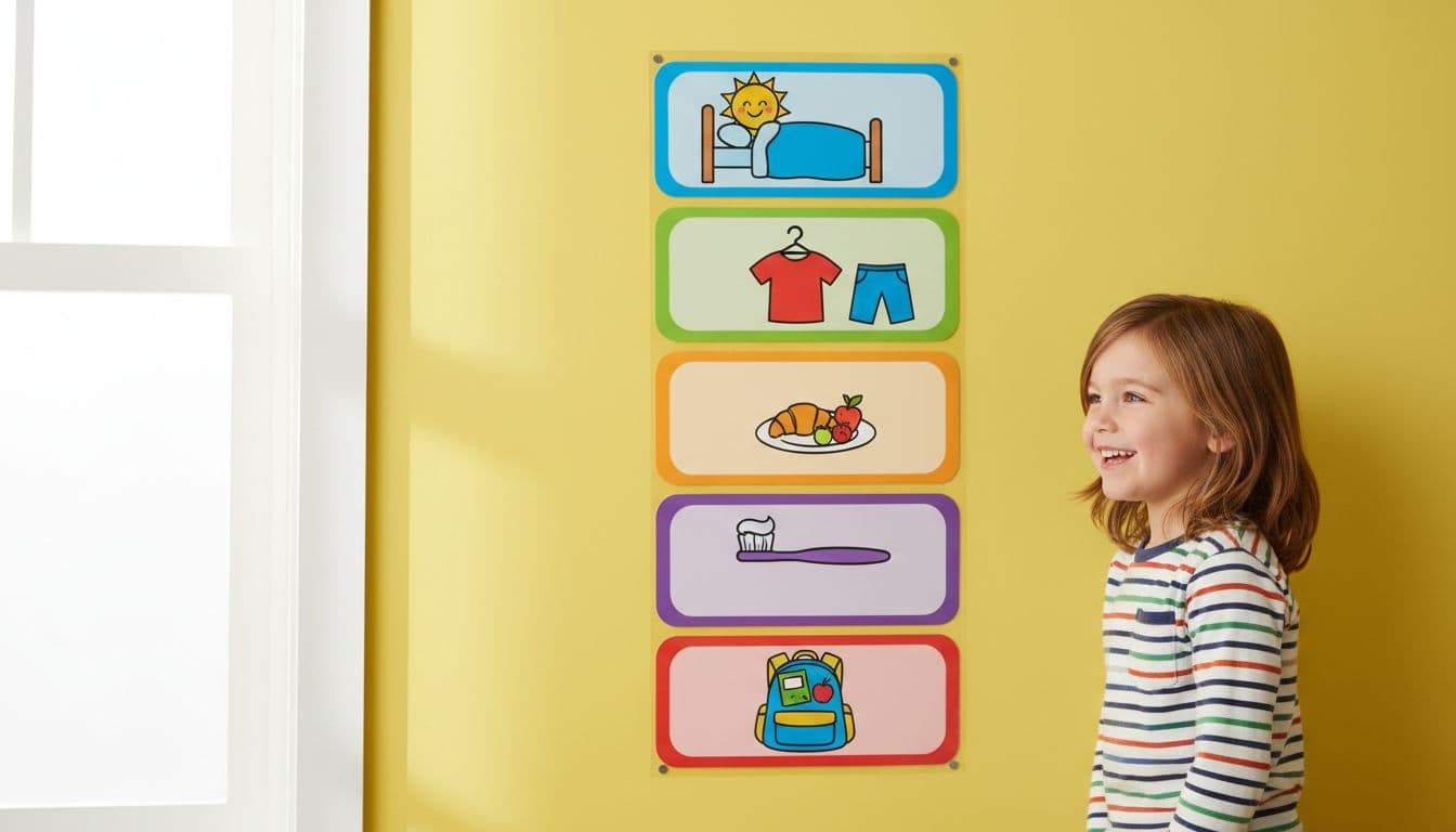A bright, cheerful kids bedroom wall displays a colorful laminated visual morning routine chart with simple picture icons for waking up, getting dressed, eating breakfast, brushing teeth, and packing a backpack. A single smiling child aged 5-7 stands nearby, illuminated by natural morning light through the window in a realistic photo style.