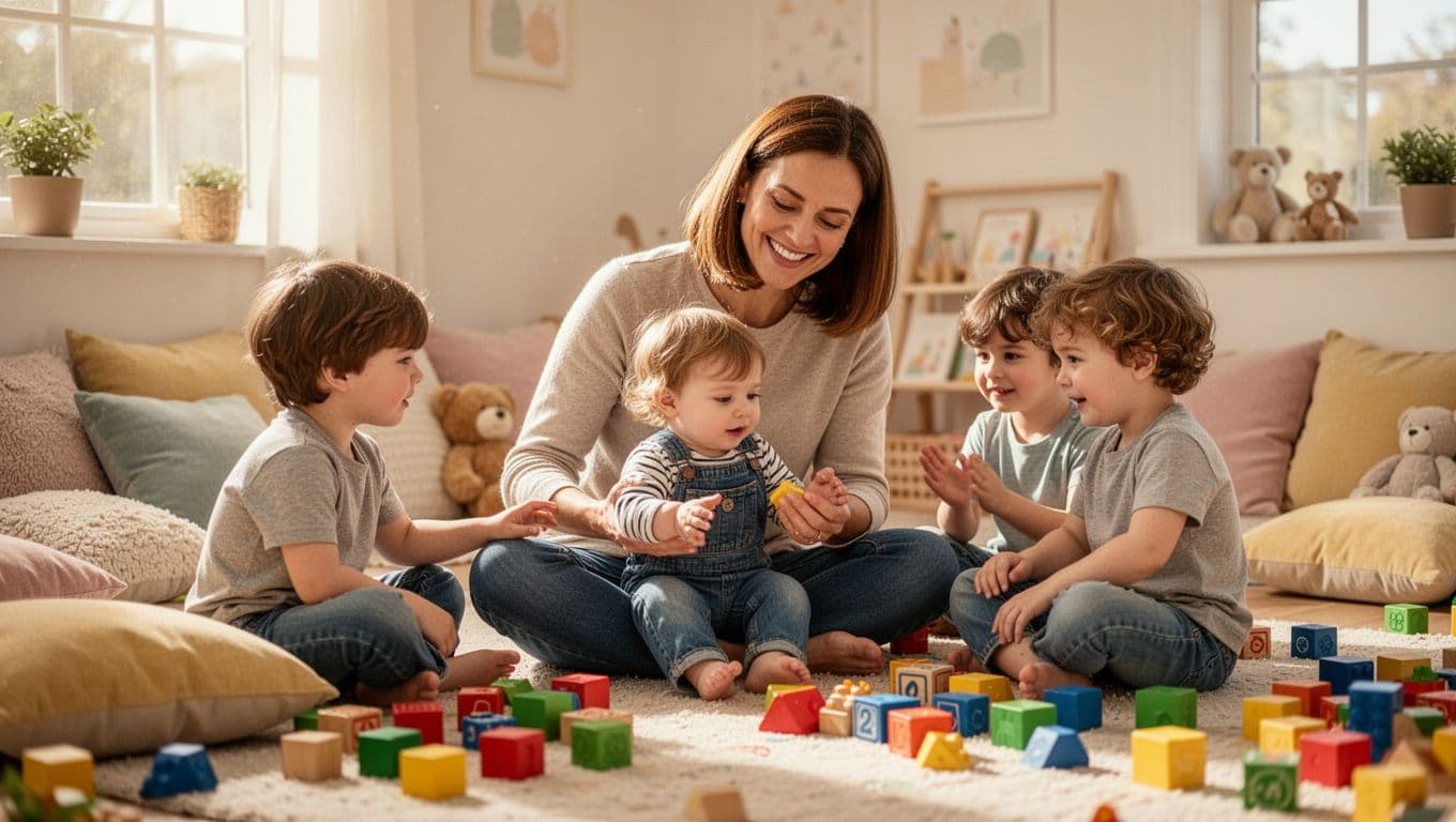 Smiling mom with brown hair plays with toddler and two children in bright playroom with toys and cushions.