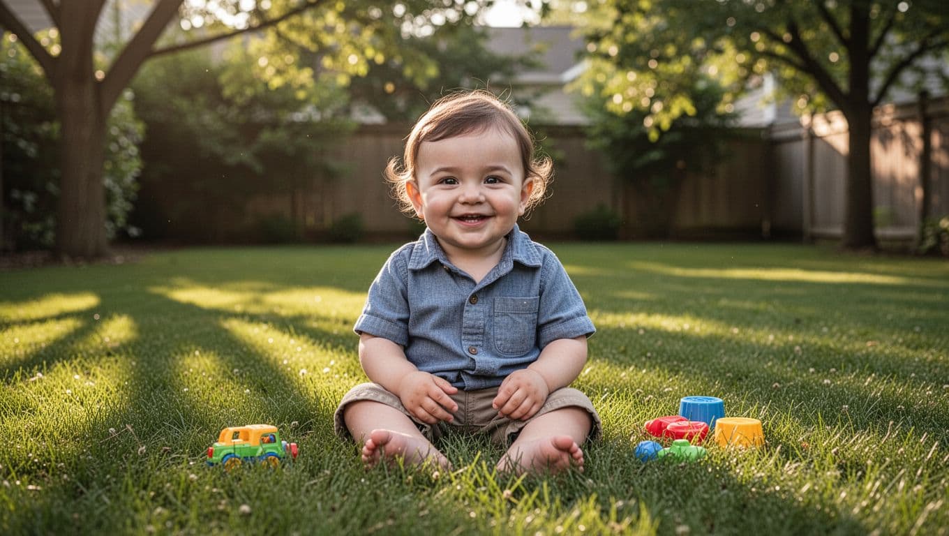 Smiling toddler boy sits on backyard grass with toys nearby.