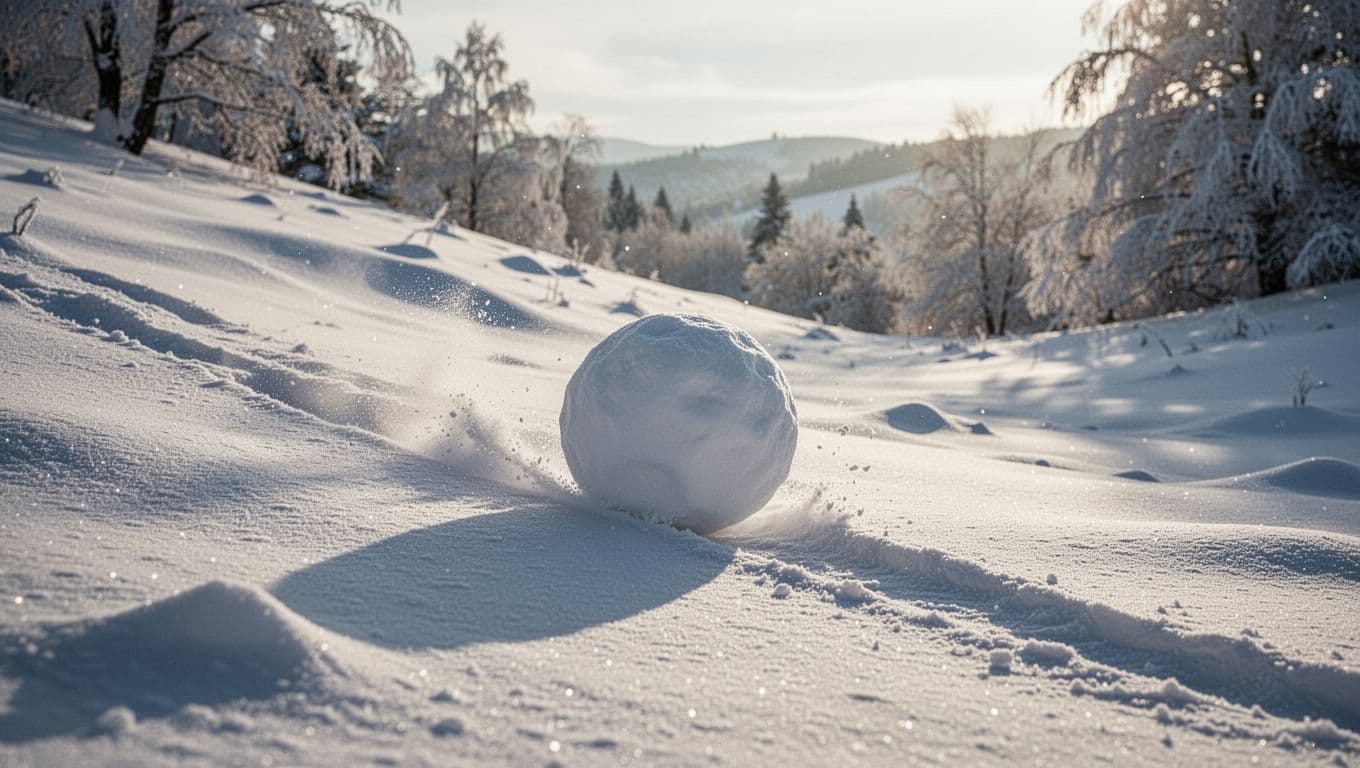 A single snowball gathers white powder as it tumbles down a soft slope. The low sun creates long shadows, emphasizing the increasing mass and velocity of the gathering winter sphere.
