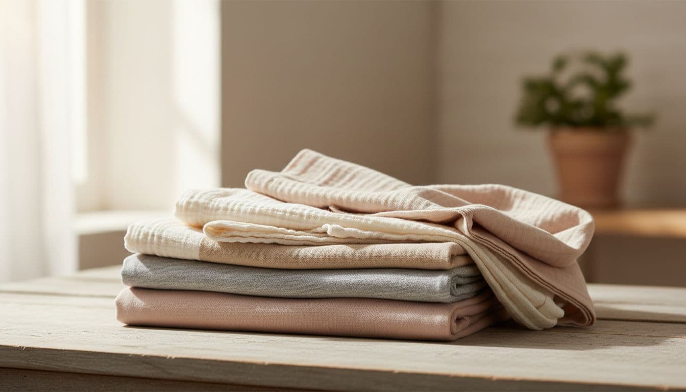Close-up of folded cotton, jersey, and modal fabrics in light natural colors on a wooden table.