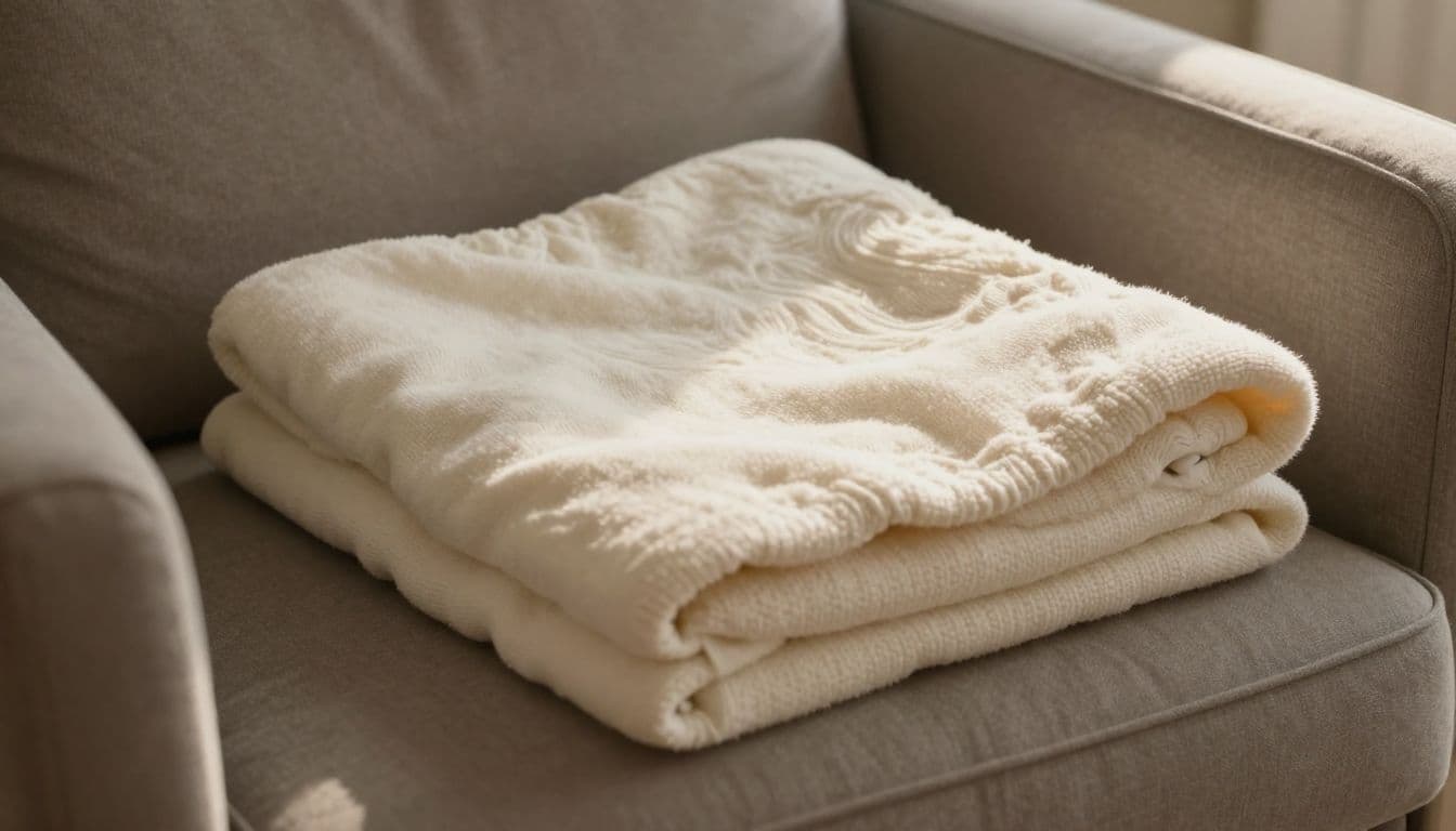 A cream-colored, textured knit blanket lies neatly folded on a beige nursery chair. Warm light highlights the soft fabric loops and creates a peaceful atmosphere in the quiet, cozy room.