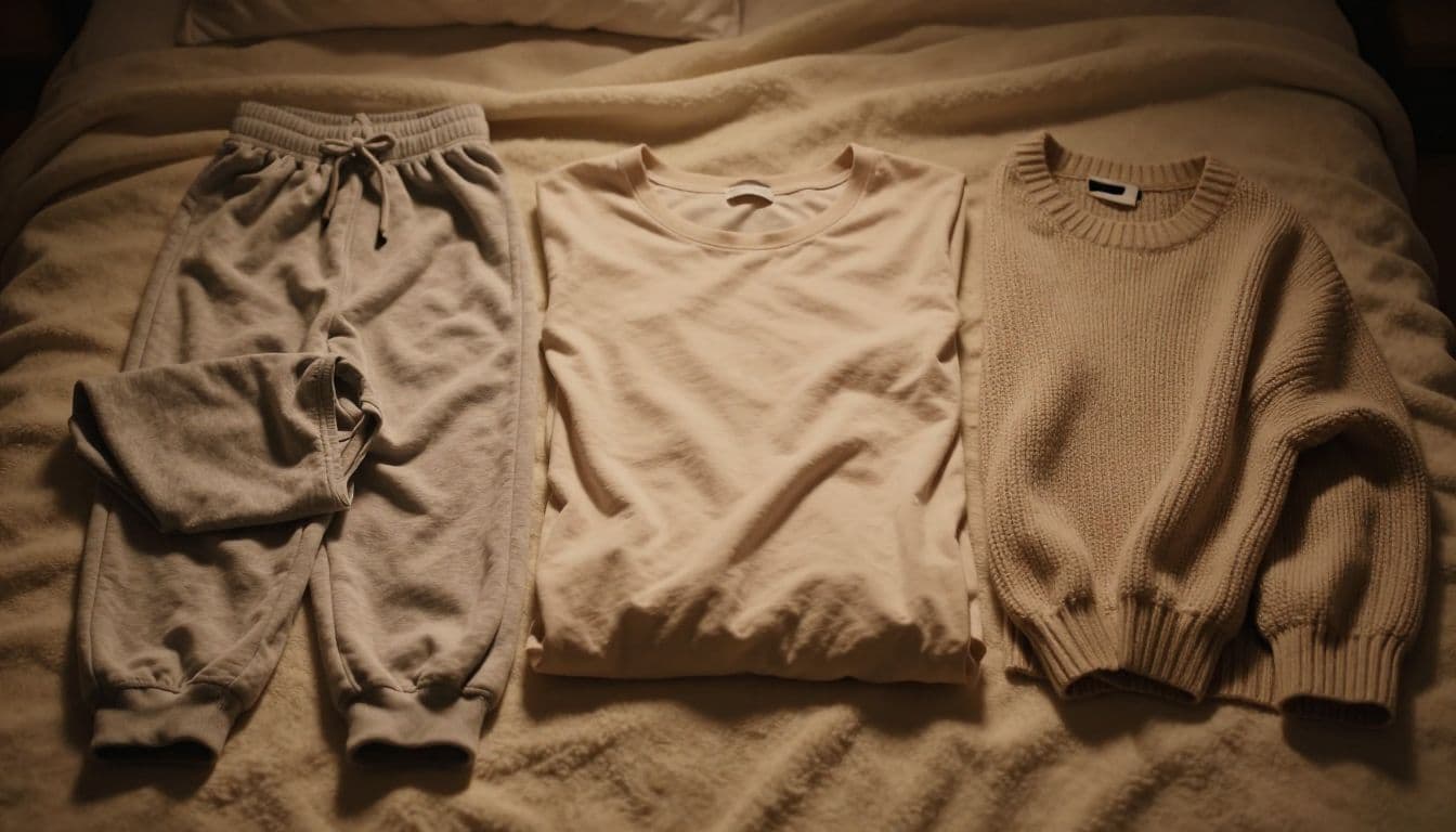 A pile of soft cotton loungewear including loose-fitting joggers, an oversized t-shirt, and a cozy knit sweater rests neatly on a plush blanket. Gentle highlights emphasize the rich, comfortable textile textures.