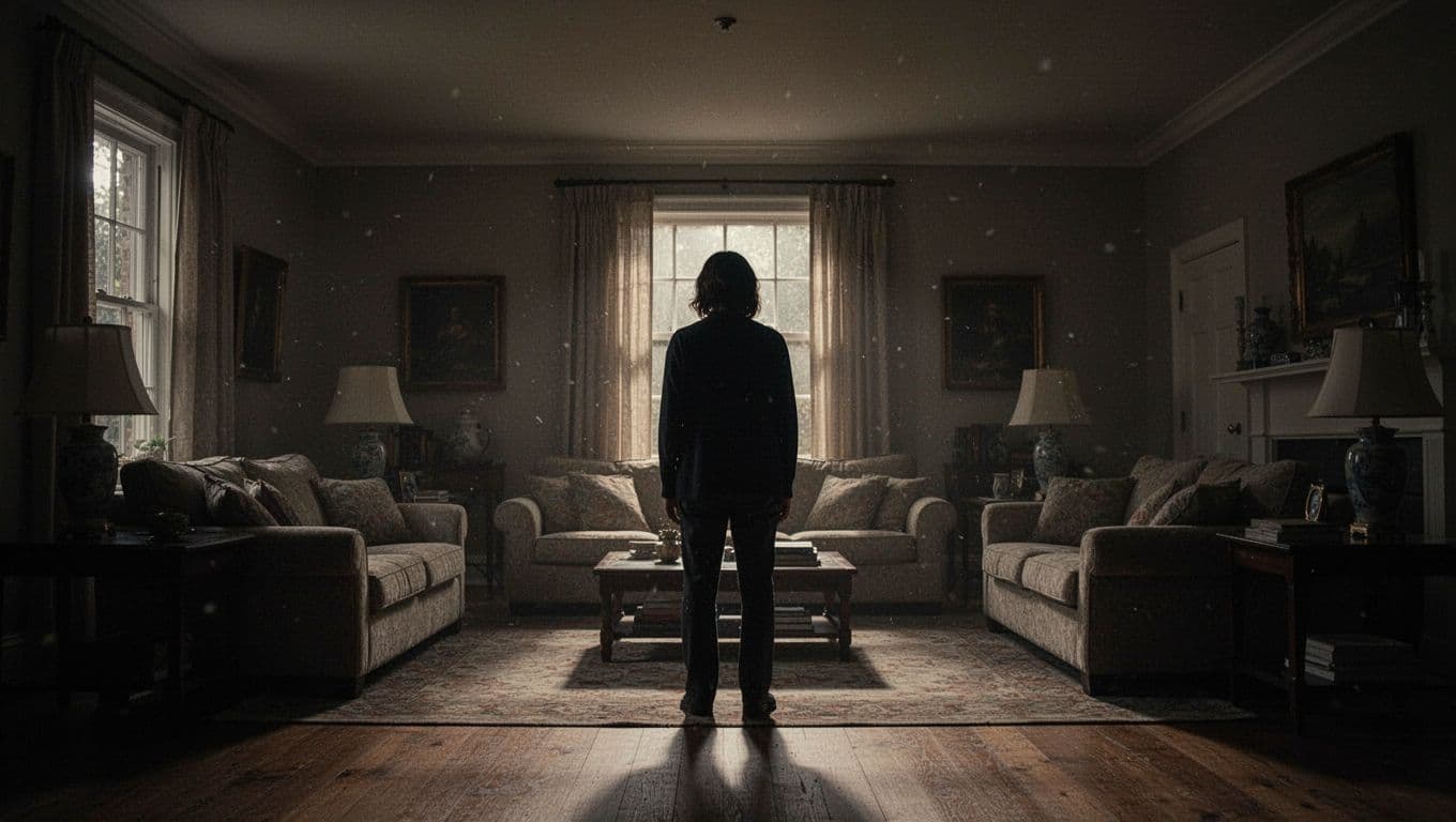 A lone person stands silhouetted within the dark expanse of a minimalist living room. Sharp rays of light cut through the gloom, emphasizing the heavy atmosphere and sense of emotional isolation.