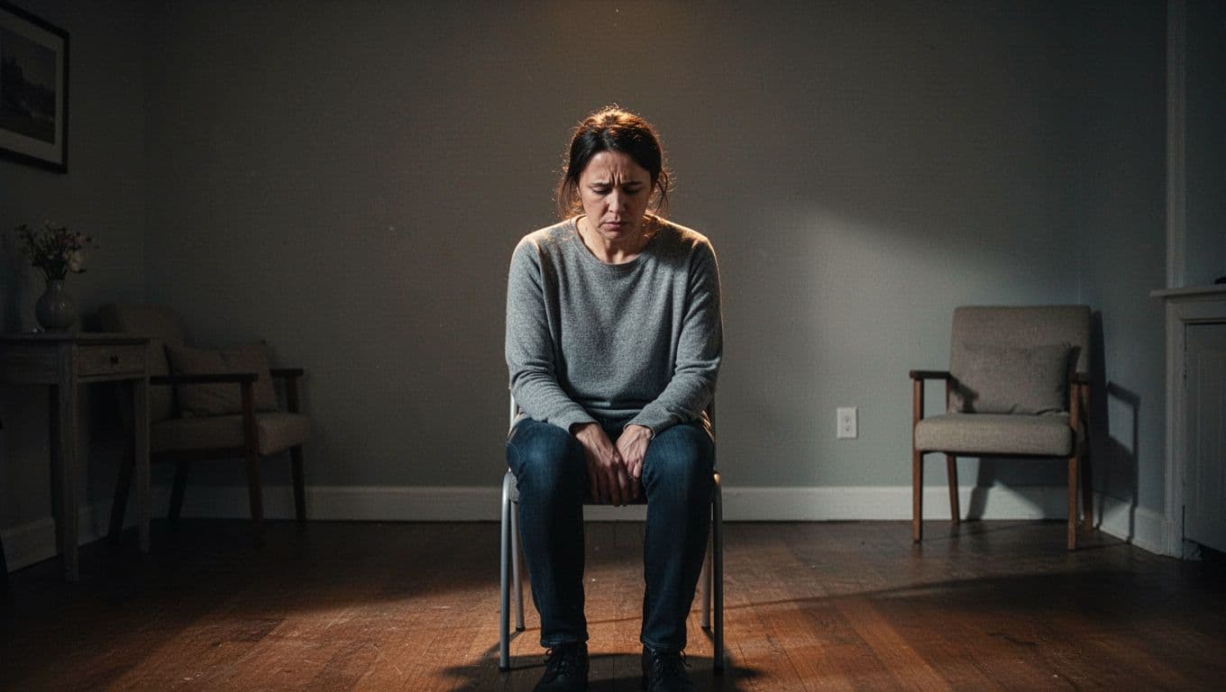 A lone figure sits hunched in a dark, moody room with sharp shadows casting across their face. The composition emphasizes a heavy atmosphere of contemplation and internal emotional struggle through contrast.