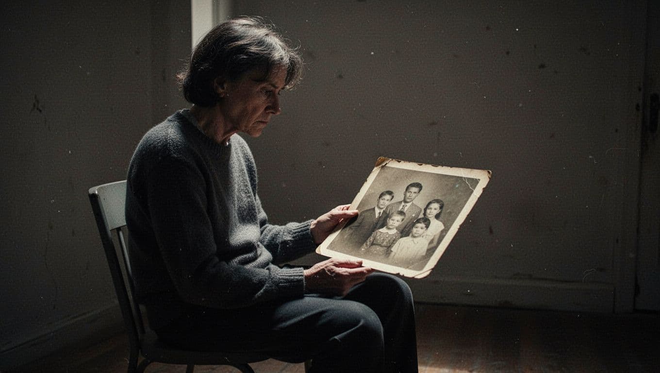 A person sits in a shadowy room, holding an aged, out-of-focus photograph. The harsh, directed lighting accentuates deep silhouettes and highlights the subject's posture, emphasizing their isolation and internal emotional turmoil.