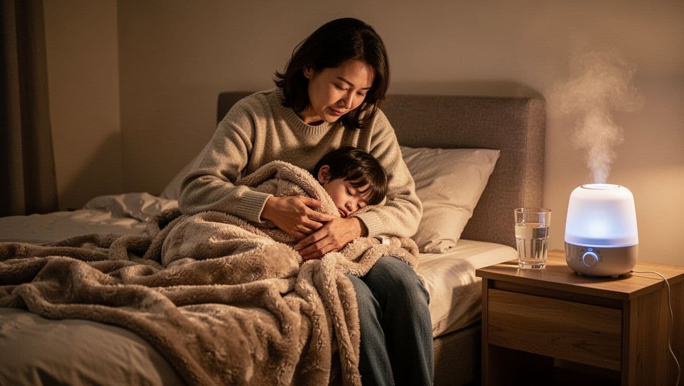 A parent sits on the bed beside a young child nestled under a soft blanket. A nightstand holds a glass of water and a humidifier while warm lamps glow nearby.