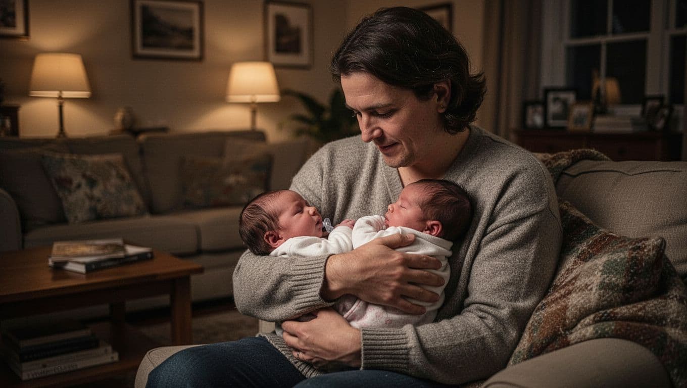A calm parent sits in a dimly lit living room, gently holding a resting infant against their chest. Warm, soft light highlights the pair while creating a peaceful and quiet atmosphere.