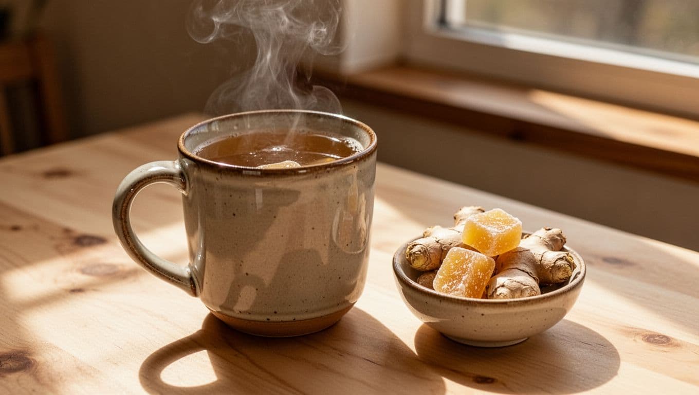 A steaming mug of golden ginger tea rests on a light wooden table beside a small bowl of sugar-dusted ginger candies. Soft sunlight illuminates the steam against a dark background.