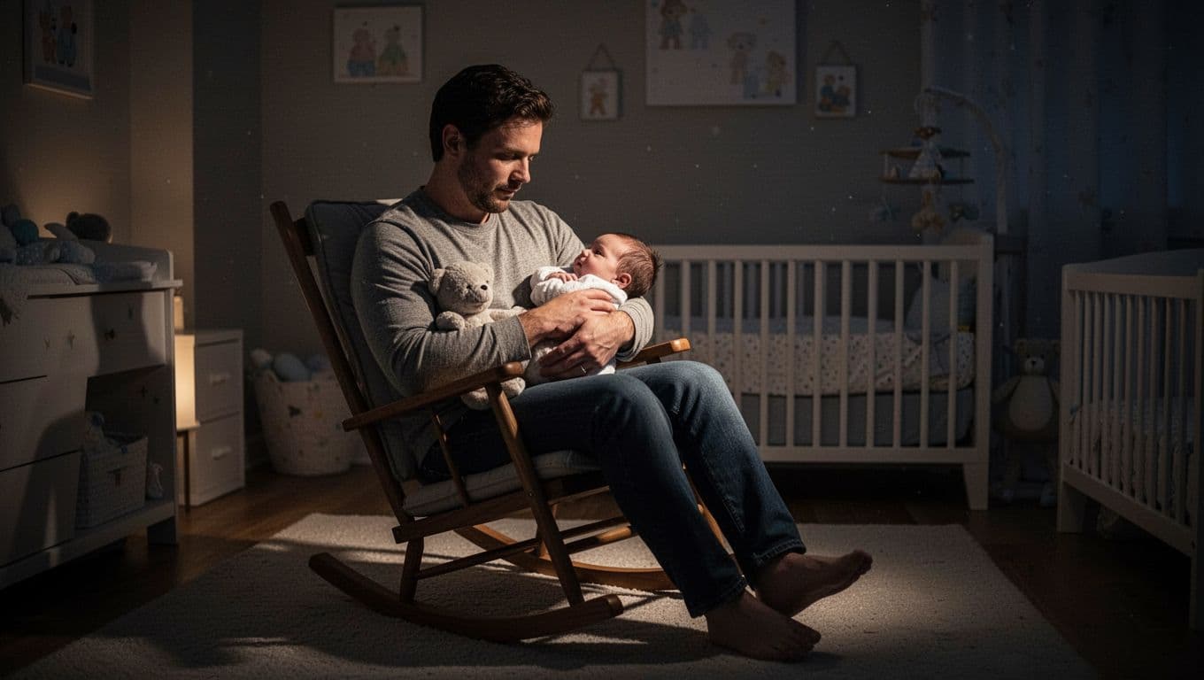 A parent cradles a newborn close against their chest inside a dimly lit bedroom. Warm, golden light spills across the room, casting deep shadows while creating an atmosphere of calm intimacy.