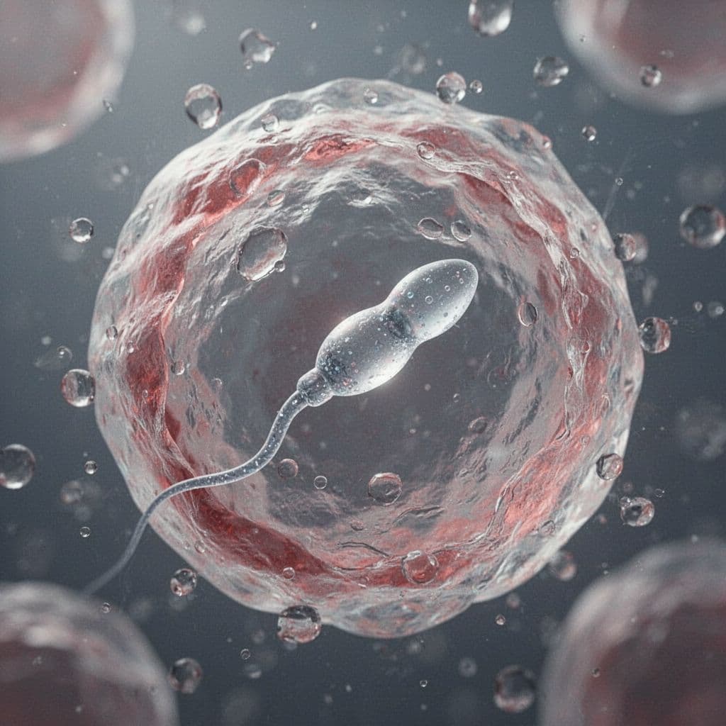 Microscopic view of a single sperm cell nearing the outer layer of a human egg.