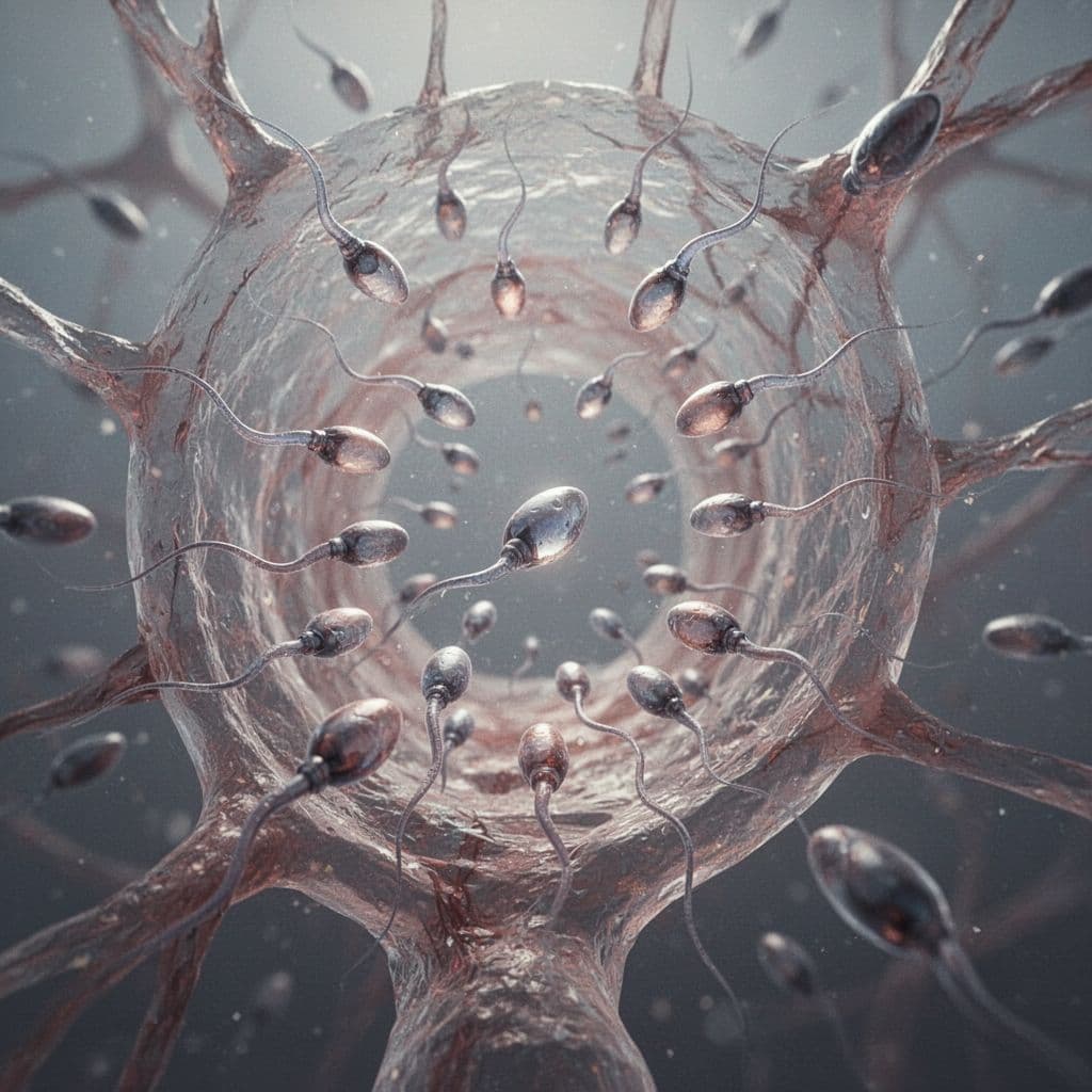 Numerous sperm cells swim through a complex translucent biological tunnel.