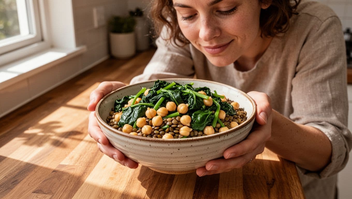 Ceramic bowl with sautéed spinach, chickpeas, and lentils in a softly lit kitchen, one person visible.