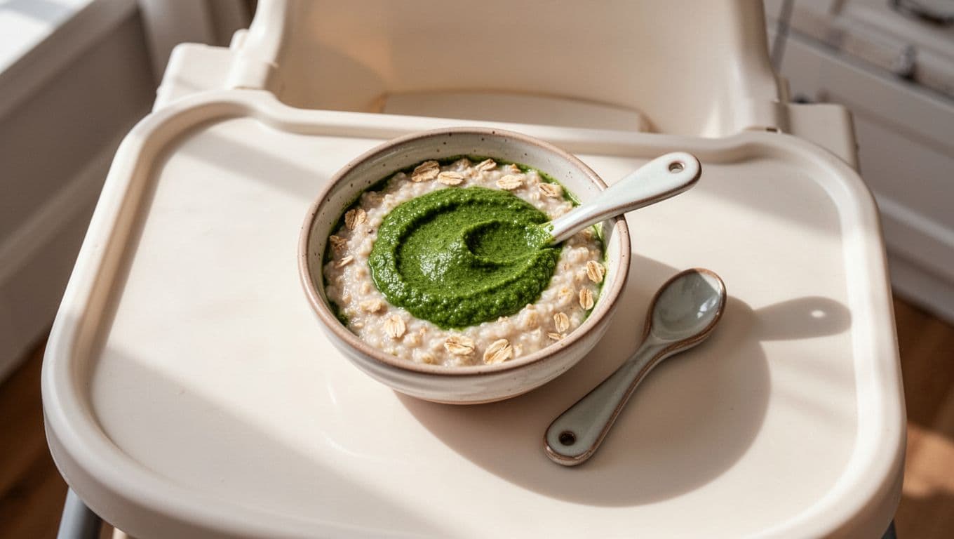 Small bowl on high chair tray filled with smooth green spinach puree mixed into oatmeal, one spoon.
