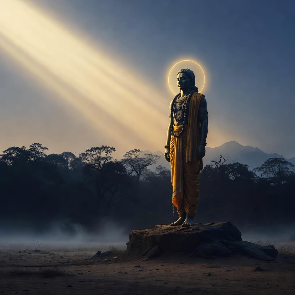 A silhouette of a meditative figure stands amidst deep shadows, illuminated by a gentle, glowing golden aura. The composition emphasizes a serene atmosphere of divine protection and inner spiritual peace.