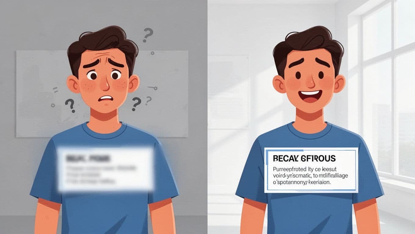 Split screen: confused person faces blurry 'click here' sign on left; happy person views clear 'read our guide to money management' sign on right.
