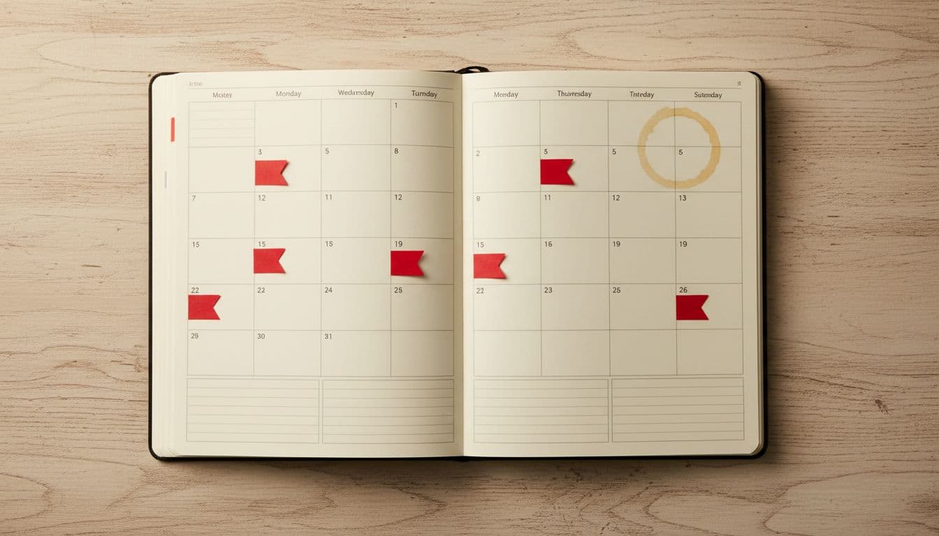 Open weekly desk calendar planner on wooden table with irregular small red flag stickers on sporadic dates, empty pages otherwise, subtle coffee stain nearby, warm overhead lighting, realistic top-down product photography, no people, text, or logos.