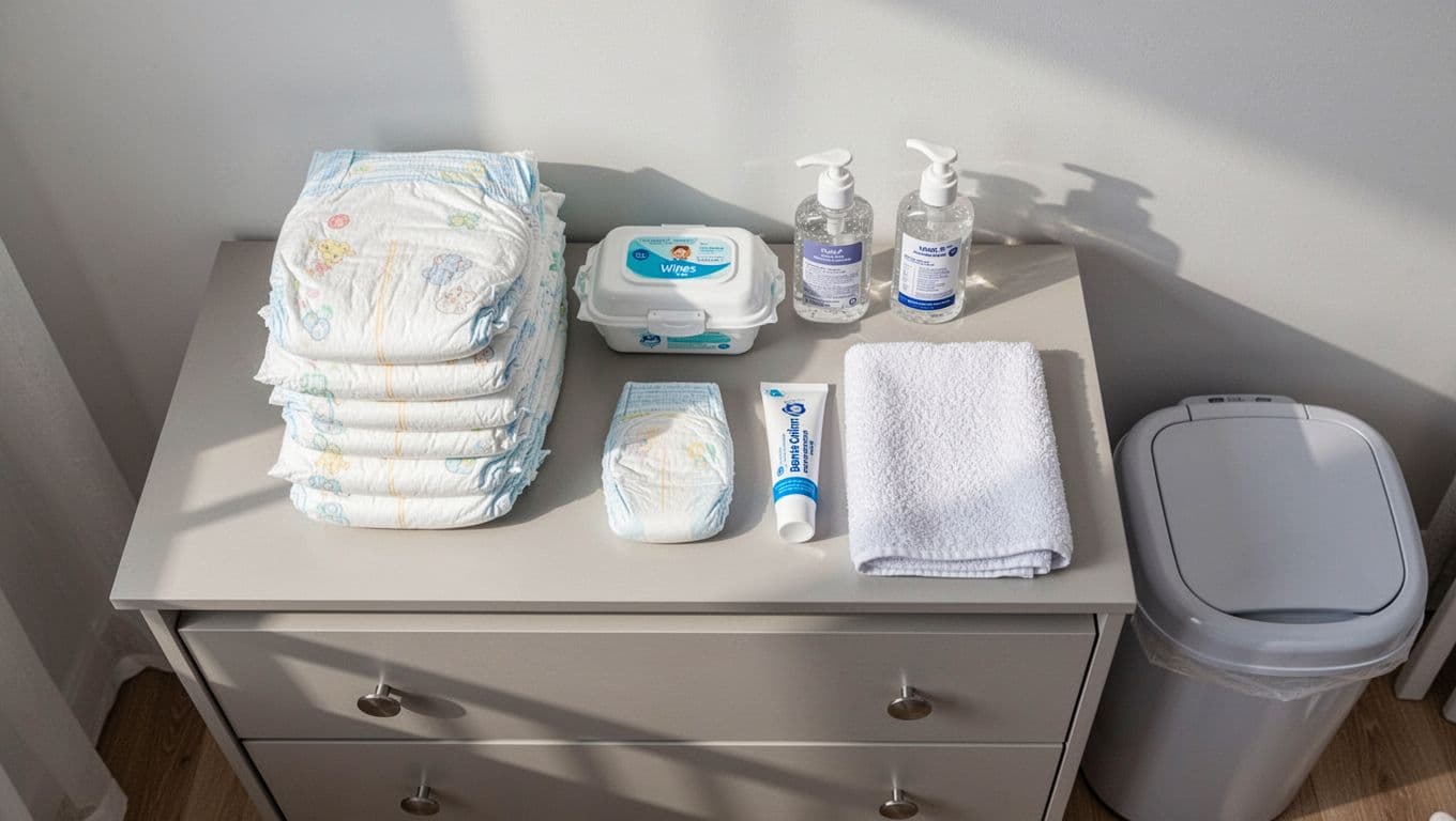 Top view of organized diaper station on nursery dresser with stacked diapers, wipes, sanitizer, ointment, towel, and diaper pail.