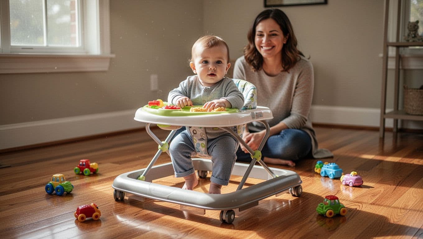 9-month-old boy sits in stable sit-in walker with wide base on hardwood floor, toys nearby, smiling parent supervising.