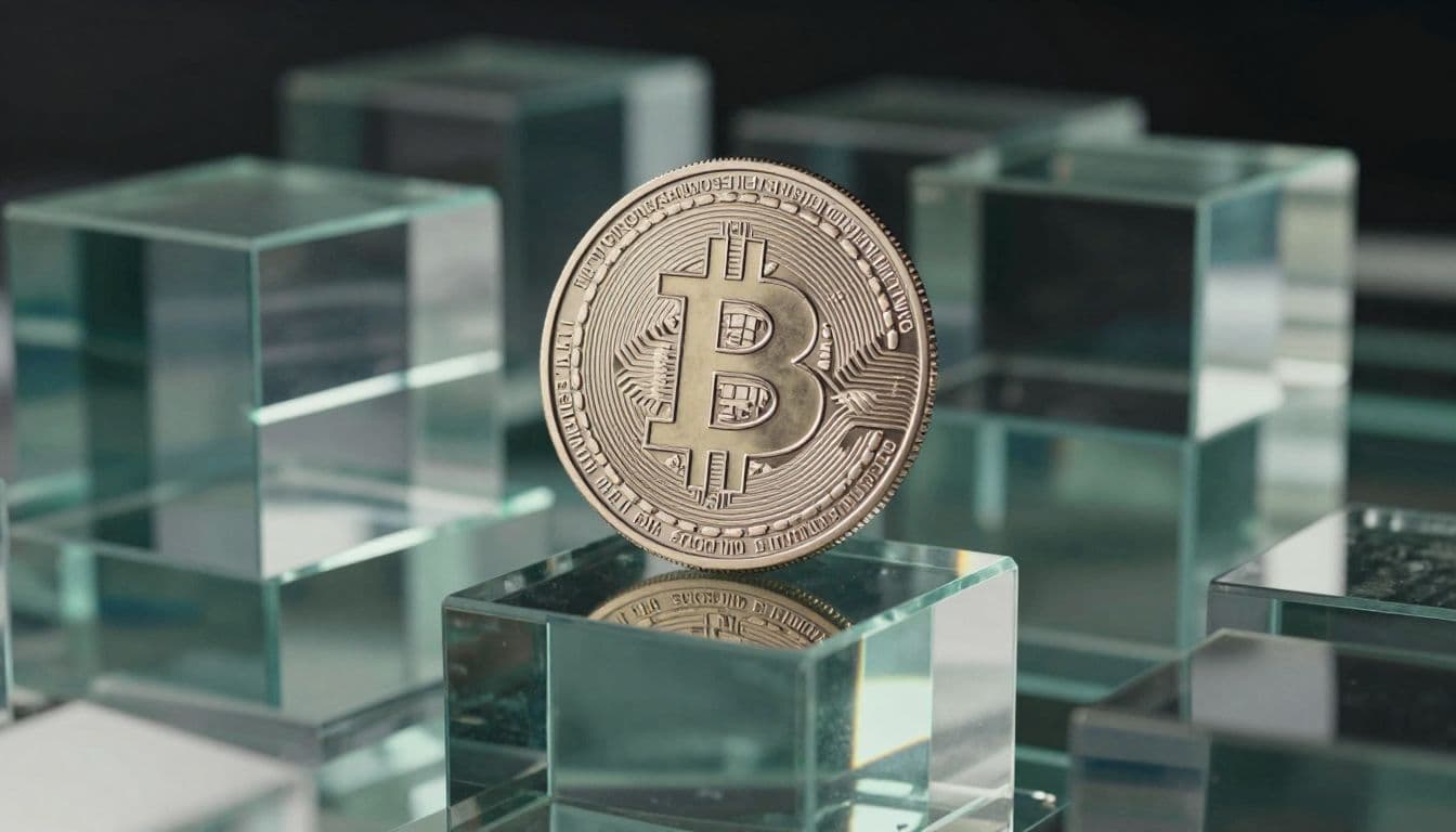 A shimmering digital currency coin rests atop a tiered stack of clear glass blocks. Precise lighting creates dramatic reflections on the surfaces, highlighting the concept of financial clarity and asset backing.