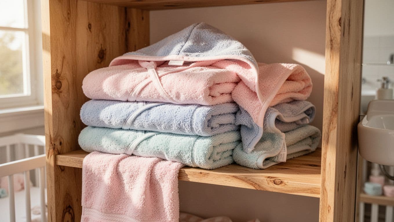 Close-up of soft hooded baby towels in pastel colors stacked on wooden shelf in sunny nursery bathroom.