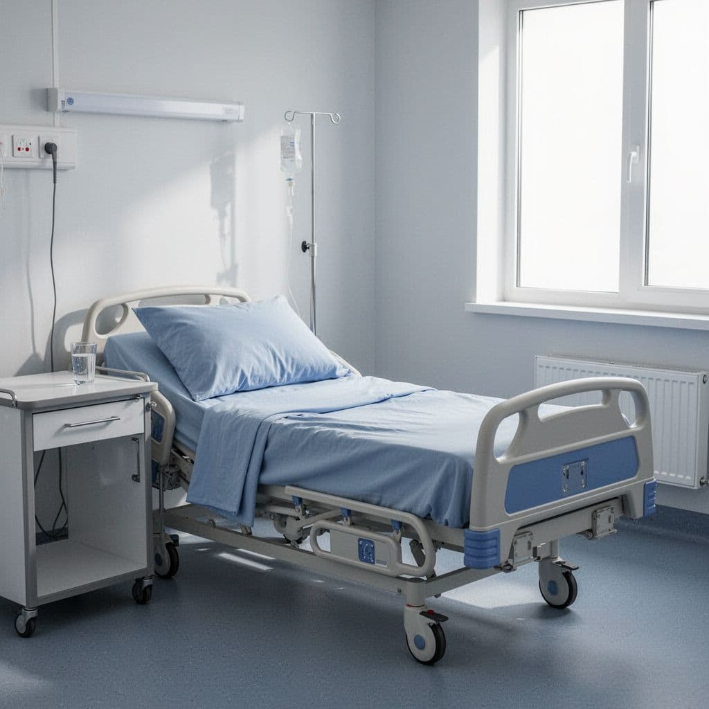 Hospital bed with blue linens beside table holding water glass, natural light from window.