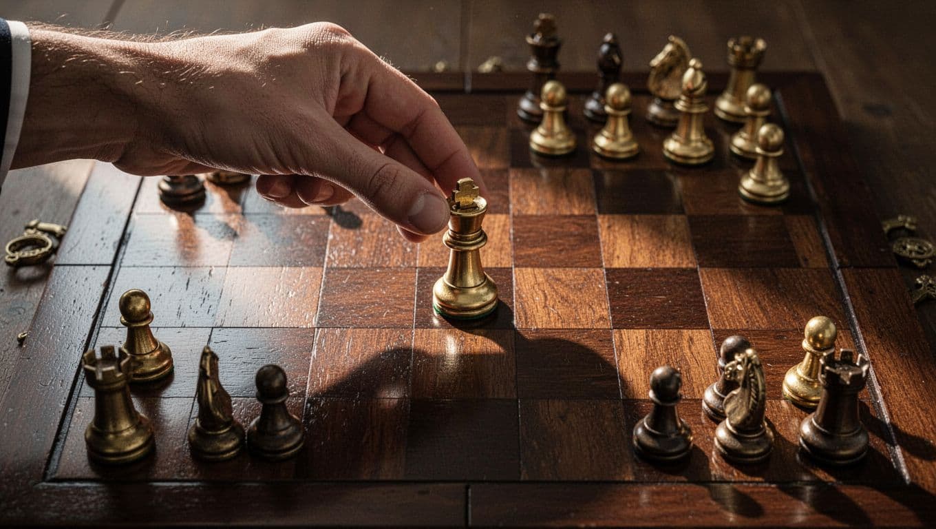 A single hand carefully positions a metallic gold chess piece upon a dark, polished wooden board. Sharp overhead lighting creates dramatic shadows and highlights, emphasizing the precision of the move.