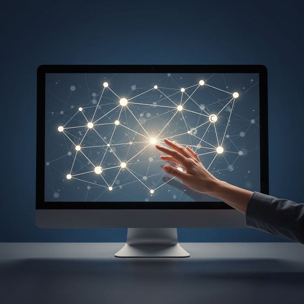 A person interacts with a digital display of glowing nodes representing complex interconnected network data.