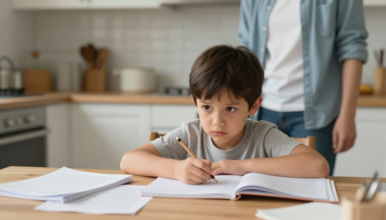 10-year-old child sits stressed at kitchen table with scattered homework books and papers, parent stands distant by doorway.