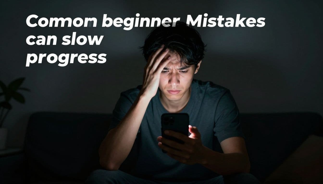A man sits in a shadowed room, his face illuminated only by the harsh blue glow of a smartphone screen. He holds the device tightly, eyes wide with visible anxiety.