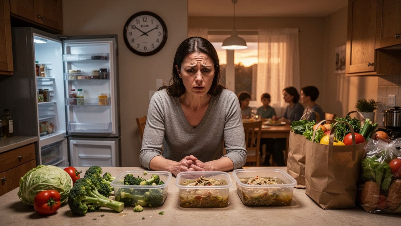 Frustrated busy mom at 5pm in cozy kitchen surrounded by spoiled mushy veggies, soggy food in unlabeled containers, open fridge with overflowing bags, and family silhouettes waiting at dinner table.