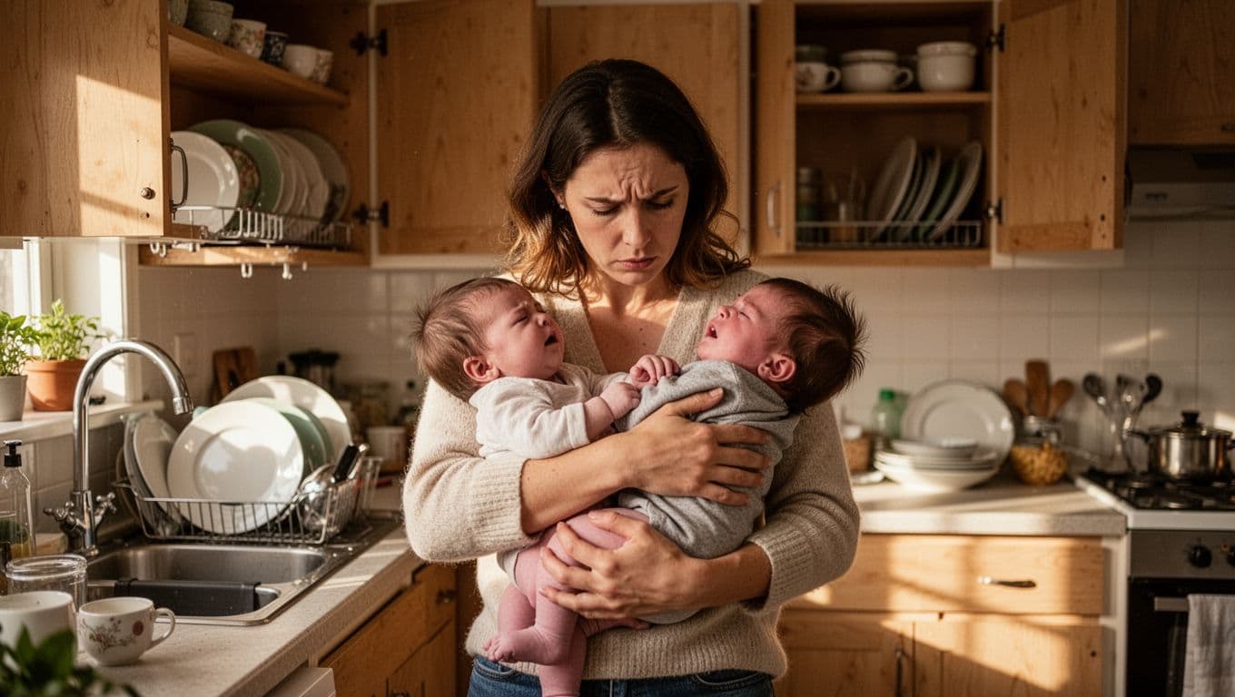Stressed mother holds arching fussy baby in busy kitchen with open cabinets and sink dishes.