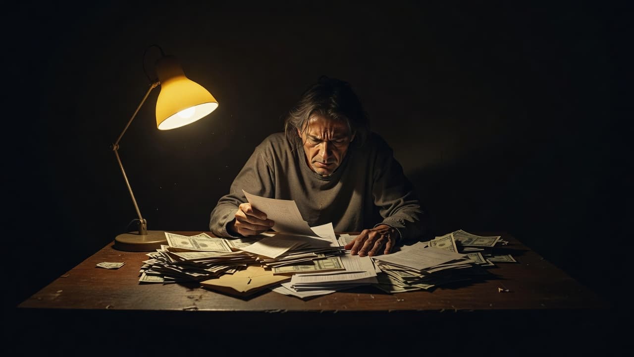 A man sits at a dark wooden table illuminated by a single warm lamp, hunched over a stack of bills with a distressed expression. Deep shadows surround his workspace in darkness.