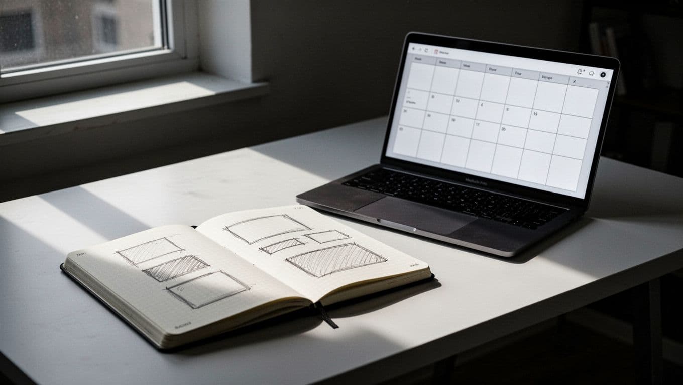 A dark, polished wooden desk displays an open laptop revealing a clean spreadsheet alongside a leather-bound notebook. Strong, dramatic side lighting illuminates the handwritten lists and precise grid lines on screen.