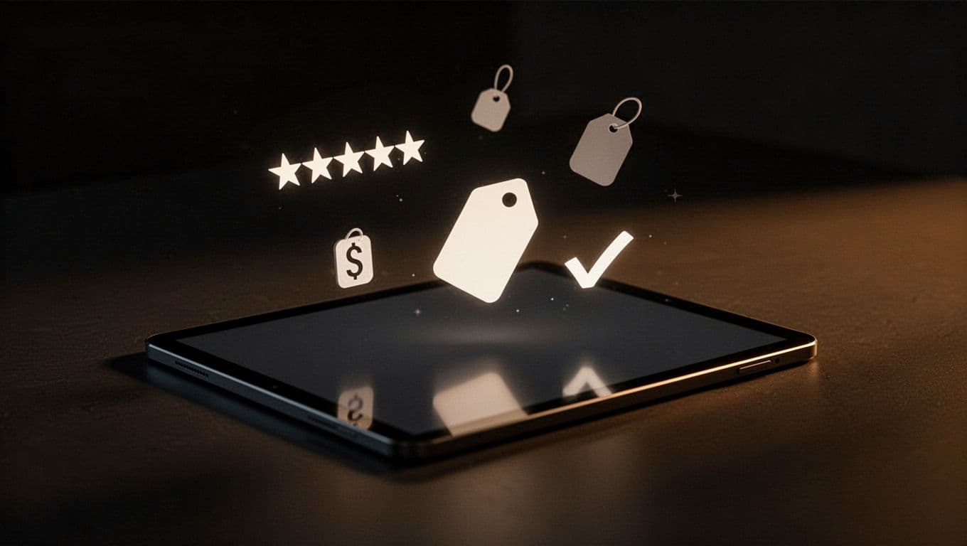 Glowing golden star ratings, price tags, and checkmark icons hover above a sleek digital tablet. Dramatic lighting creates sharp contrast against the dark background to emphasize these symbolic trust markers.