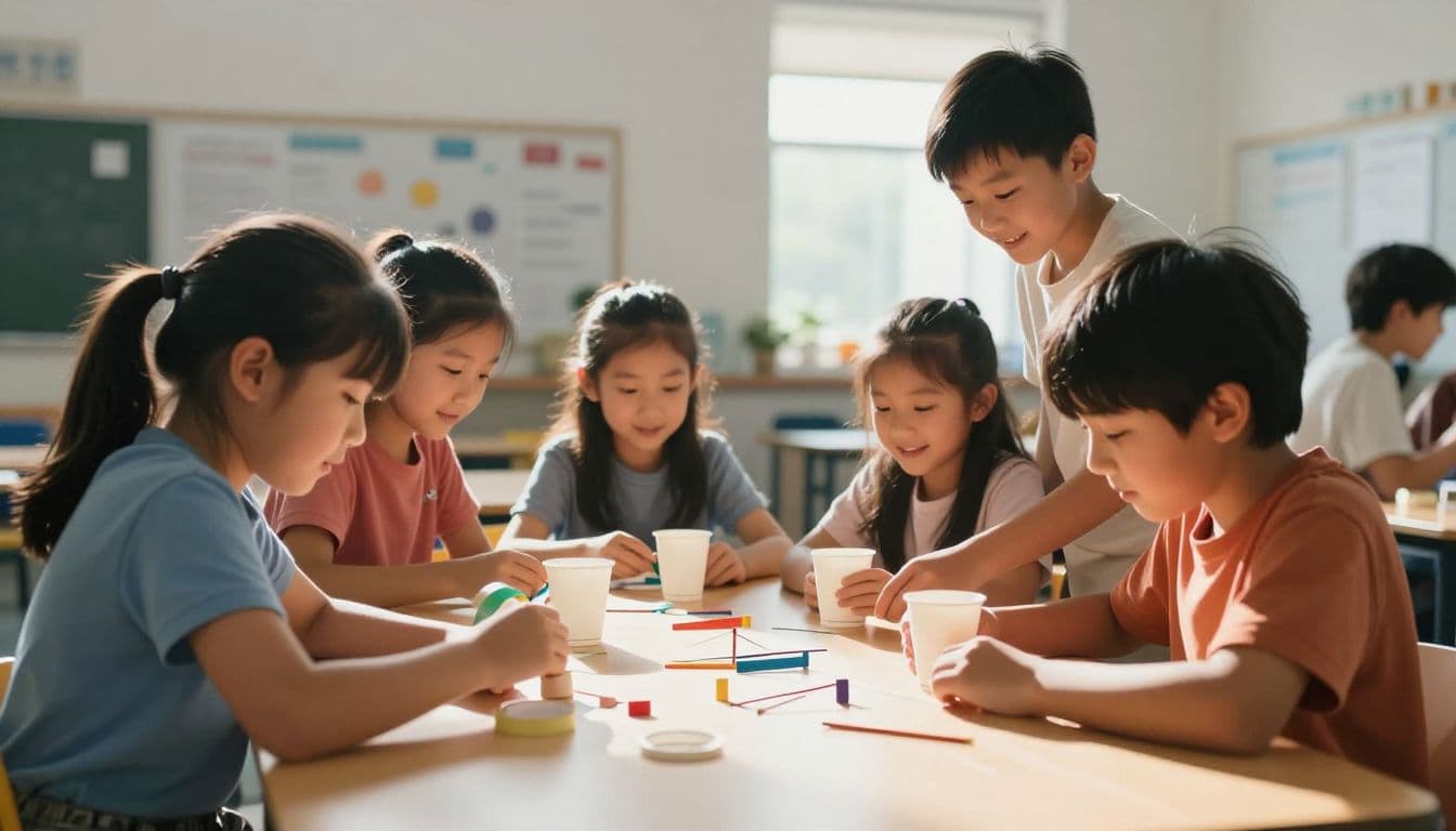Four children gather around a wooden table in a sunlit classroom to build structures using paper cups and tape. They lean in closely, showing smiles while concentrating on their creative task.