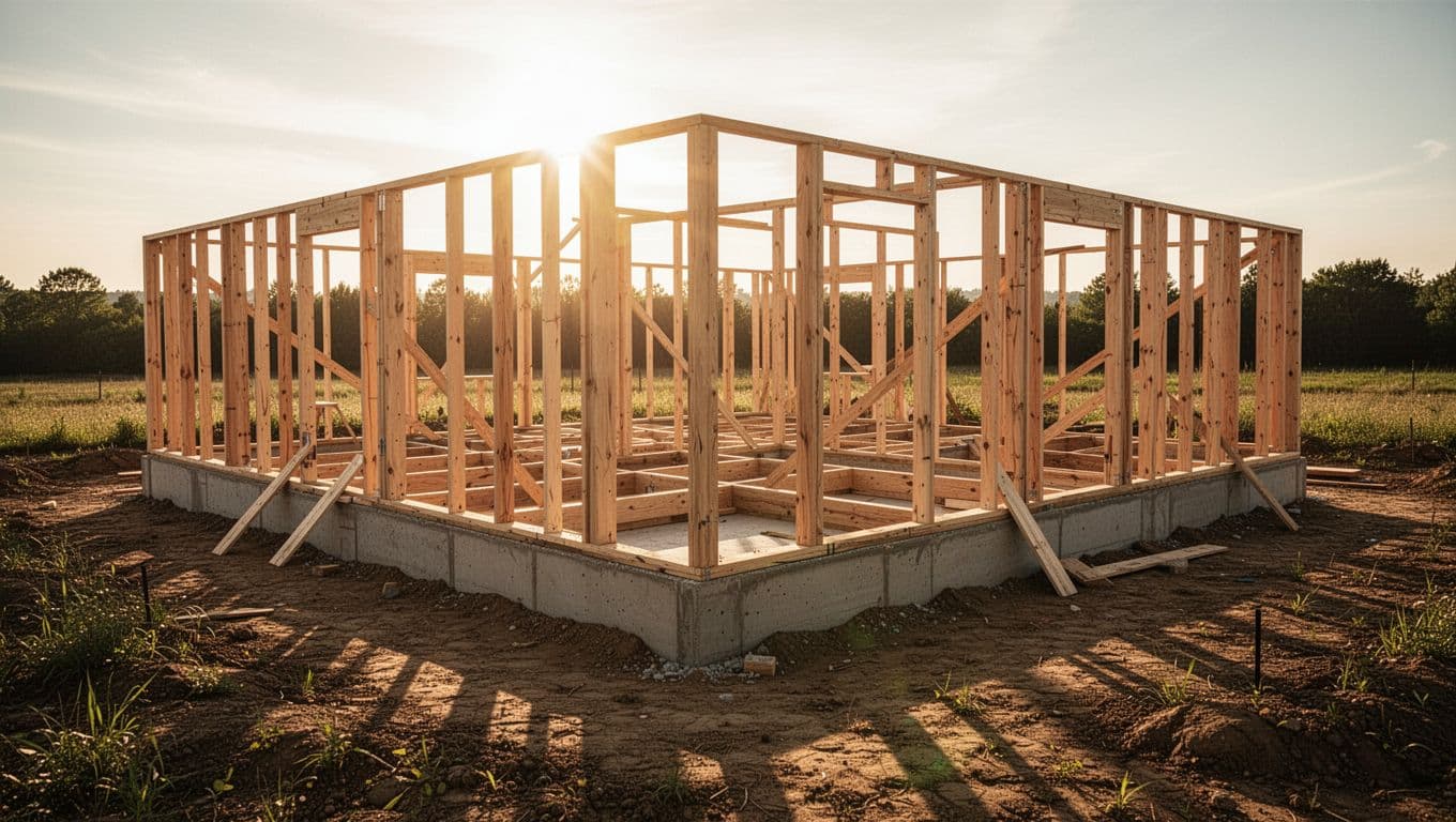 A sturdy timber frame sits precisely on a cleared, sun-drenched plot of land. The geometric structure highlights structural precision, with dramatic shadows stretching across the dirt, symbolizing a resilient financial starting point.