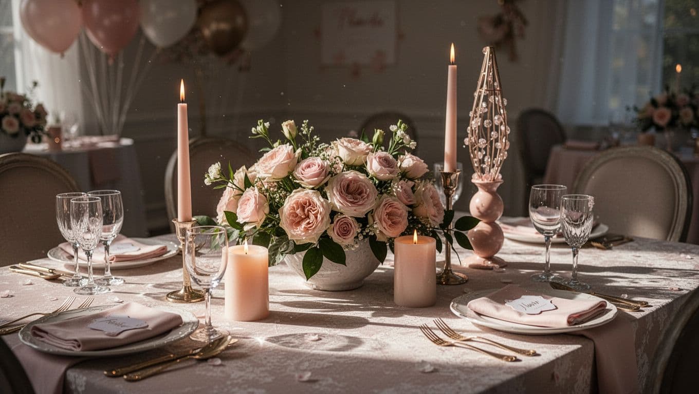 A refined event table features a lush floral centerpiece flanked by tapered candles and a decorative sculpture. Soft pastel tones harmonize across the display, creating a balanced and professional aesthetic arrangement.