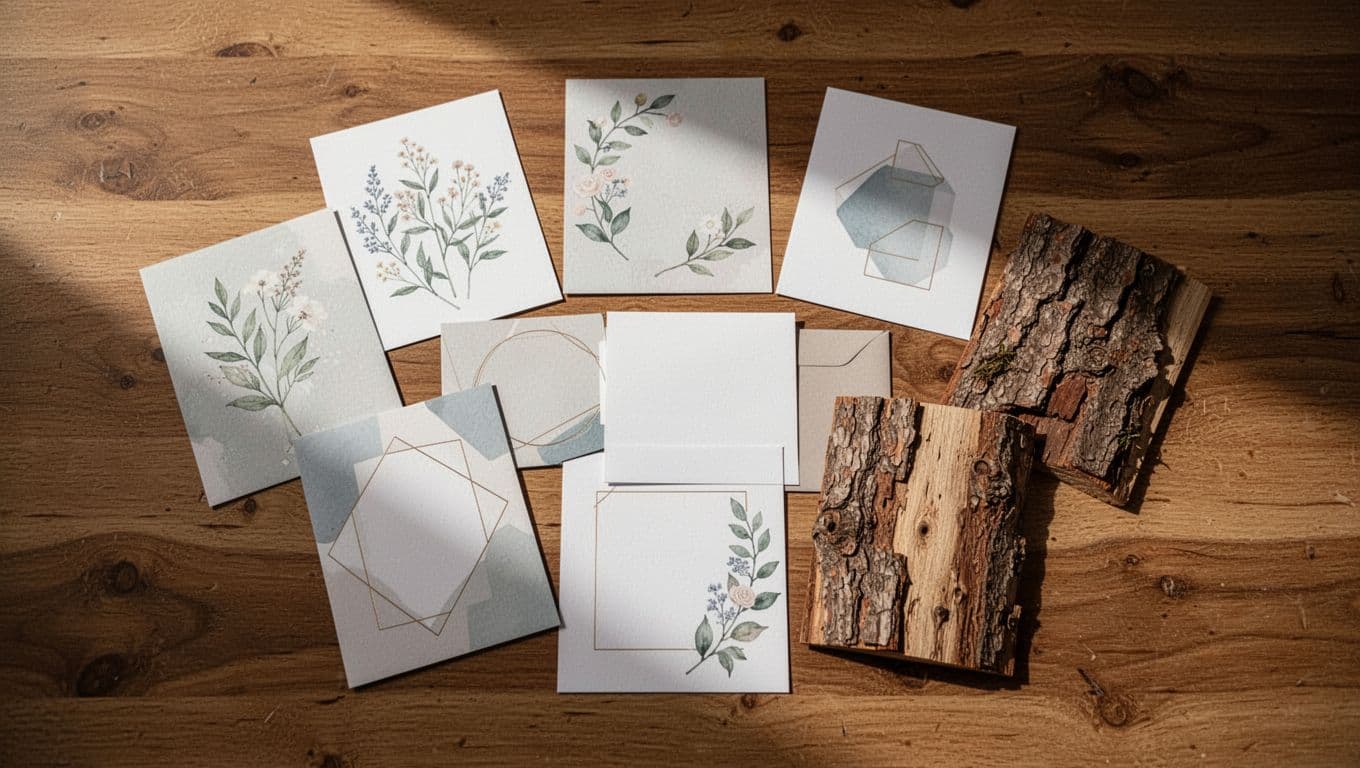 A collection of invitation cards with botanical, minimalist, and rustic styles arranged on a dark wooden table. Soft natural light creates elegant shadows across the textured paper surfaces and floral accents.