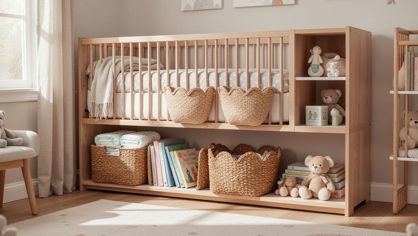 Clutter-free baby nursery showcasing decorative storage integrated into the decor with woven bins, scalloped baskets, wall shelves under crib, rolling boxes, and drawer dividers in soft neutral tones.
