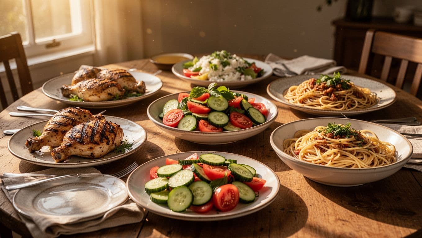 A rustic wooden table features grilled chicken, a crisp cucumber salad, and pasta under warm golden hour light. Soft shadows create depth, emphasizing the vibrant colors of the seasonal ingredients.