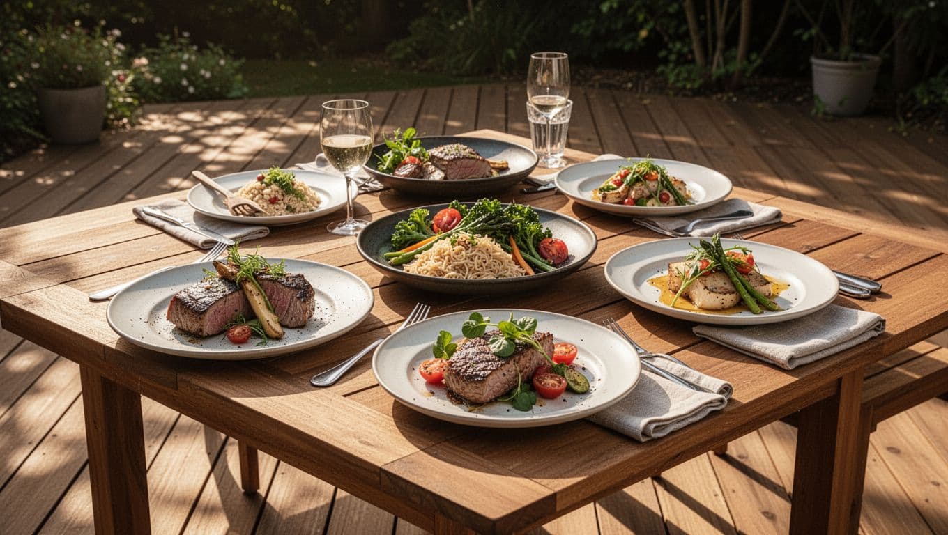 A rustic wooden table sits on a sun-drenched patio, set with bowls of fresh seasonal vegetables and artisan bread. Warm natural light highlights the textures of the outdoor dining space.