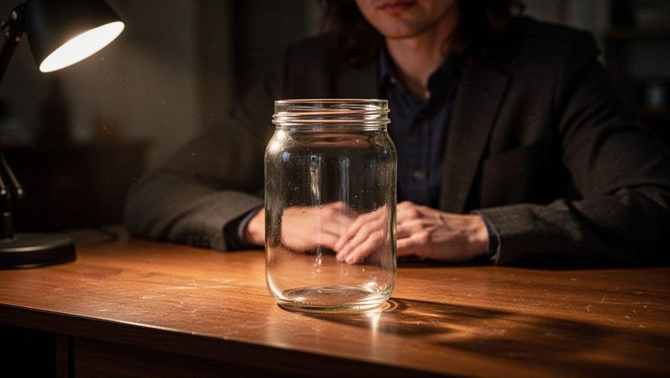 A glass jar labeled with Summer Trip in handwritten script sits prominently on a dark desk. A warm, focused light creates high contrast against the blurred, moody background of the room.
