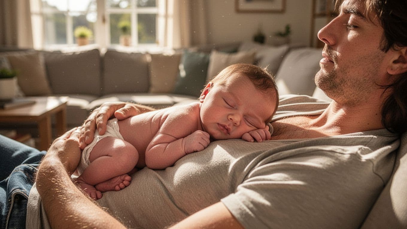 Newborn baby sleeping peacefully on a parent's chest during a contact nap in a sunlit living room with cozy atmosphere and natural daylight.