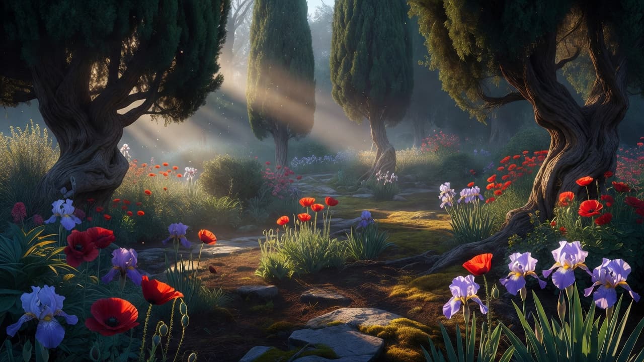 Morning rays filter through delicate flower petals in a tranquil garden setting. The low sunlight creates deep shadows and highlights the natural beauty of the vibrant, dew-covered landscape at dawn.